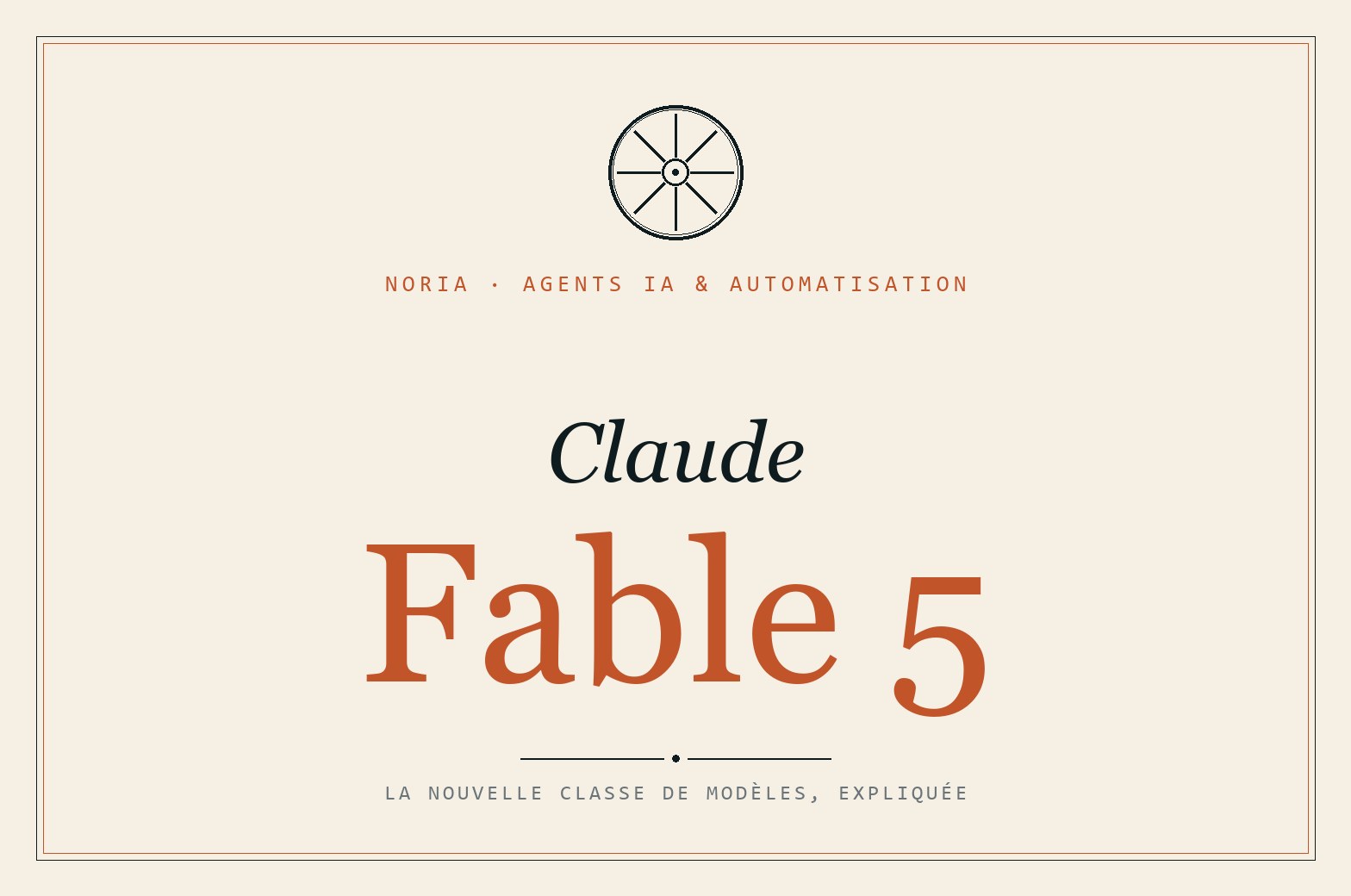 Claude Fable 5 — couverture éditoriale Noria : la première classe de modèles au-dessus d'Opus.