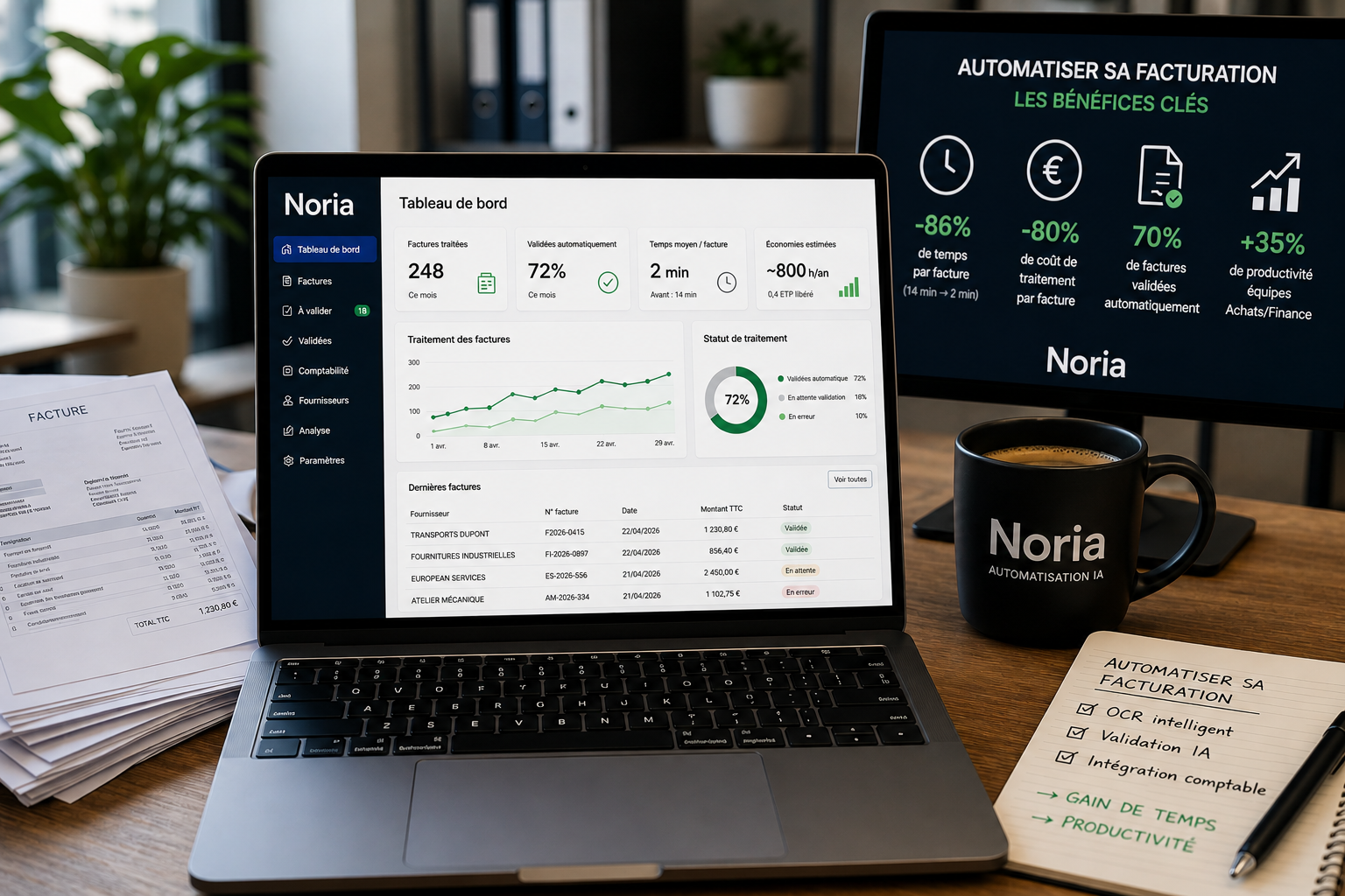 Tableau de bord Noria d'automatisation de la facturation : 248 factures traitées, 72 % validées automatiquement, 2 min par facture, ~800 h économisées par an — bénéfices clés -86 % temps, -80 % coût, 70 % automatisé, +35 % productivité.