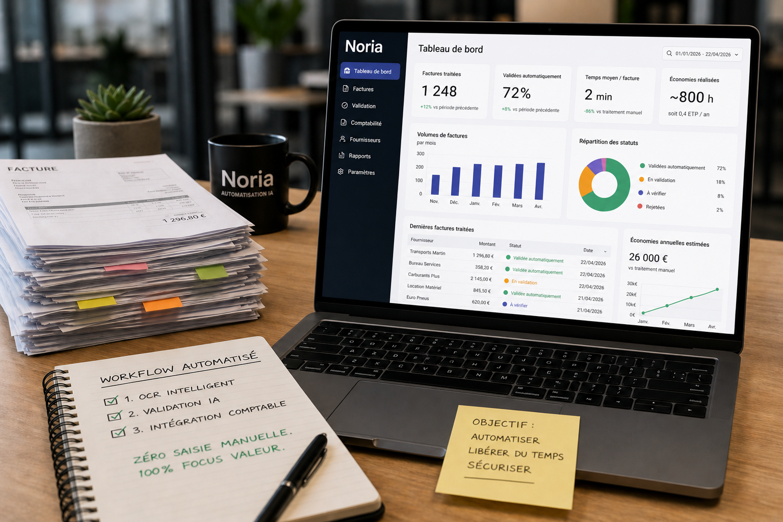 Workflow automatisé Noria : 1 248 factures traitées, 72 % validées automatiquement, 2 min par facture, 26 000 € d'économies annuelles. Notebook 'Workflow automatisé : OCR intelligent, Validation IA, Intégration comptable. Zéro saisie manuelle.'